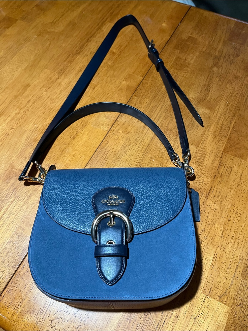 Coach Navy Blue Leather & Suede Buckle Saddle Bag